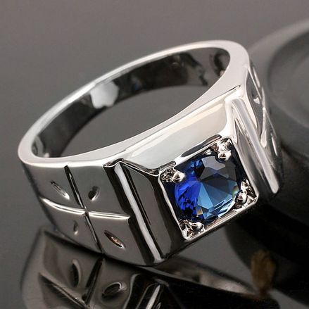 Hot Sale Blue Sapphire Rhodium Plated Men Sterling Silver Ring Man NAL Size Selectable R510 ...