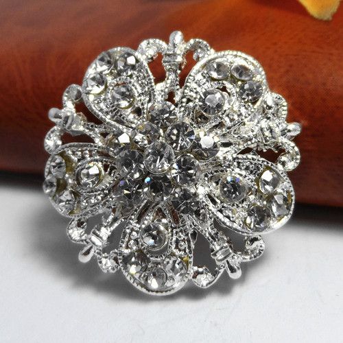 Clear Crystal Diamante Srebrny Kwiat Pin Broszka Kobiety Biżuteria Ślubne Akcesoria Broszki B672