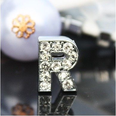 10mm R Full Rhinestones Bling Slide Letter DIY Accessories Fit For 10MM Leather Bracelet Pet Collar Keychains 0015