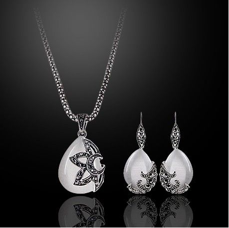 Antique Silver Plated Opal Drop Pendant Necklace and Earrings Jewelry Sets