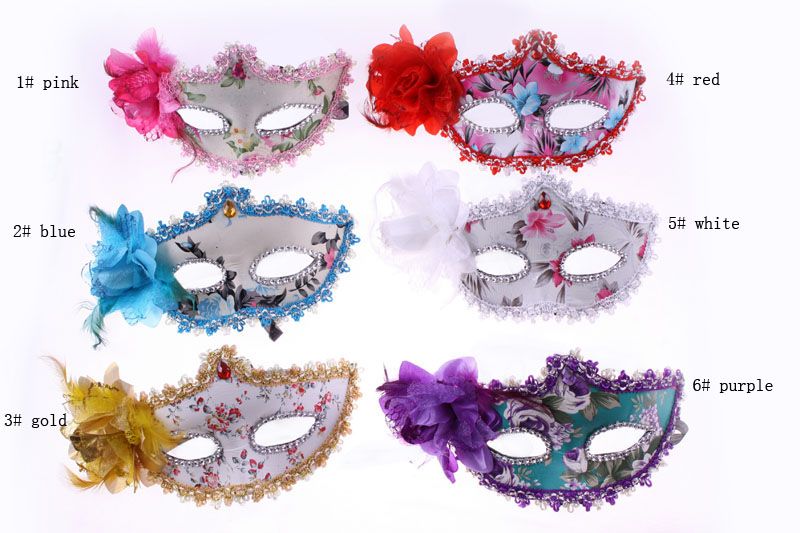 Vrouwen Sexy Hallowmas Venetiaanse Masker Maskerade Maskers met Kant Bloem Veer Eyeliner en Rhinestone Masker voor Dans Party Mask