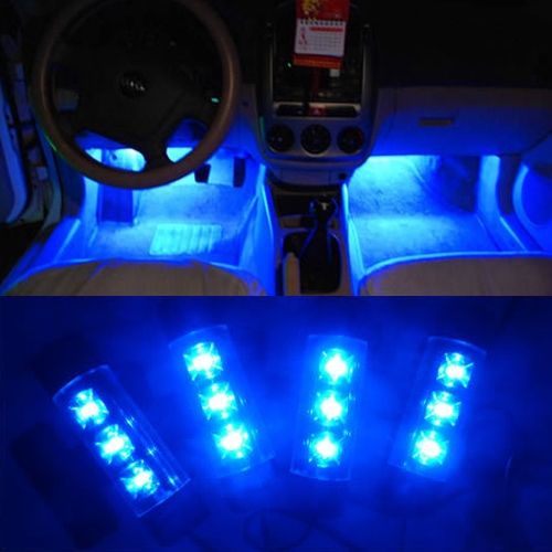 Cool Fashion 4x 3LED Blue Car Charge interior light 4in1 12V Glow Decorative Atmosphere Lamp ,Free shipping!