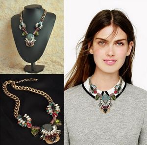 New Vintage Style Bronze Alloy Resin Gem Drop Crystal Rhinestone Flower Link Chain Pendants Necklace