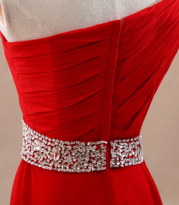Best Selling A Line Sweep Train Red Chiffon One Shoulder Evening Dresses Beads Sequins Sexy Prom Dresses Long Party Dresses Real Sample