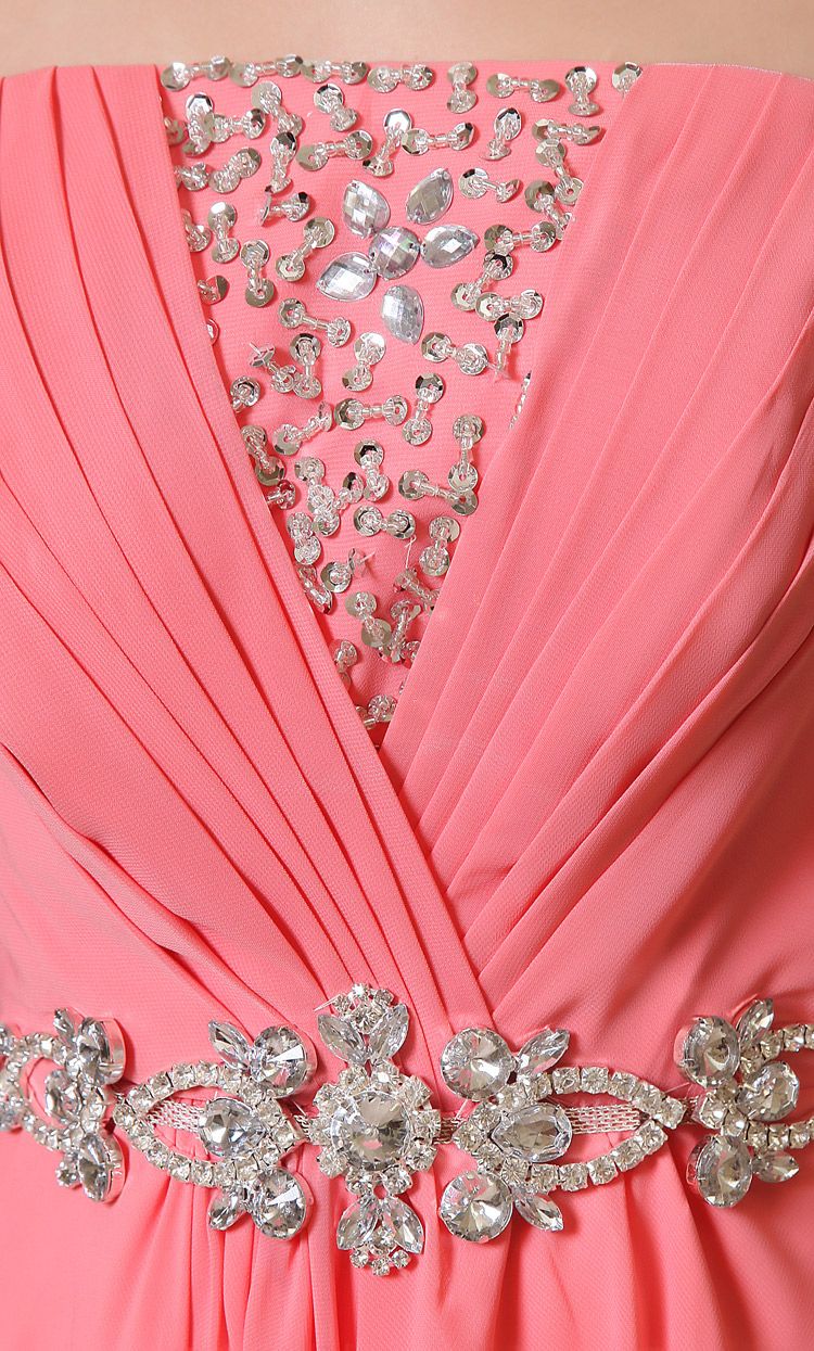Mest billigaste en linje stropplös golvlängd vattenmelon chiffon strand prom klänningar korall rosa aftonklänningar pärlor kristall lång pr7830826