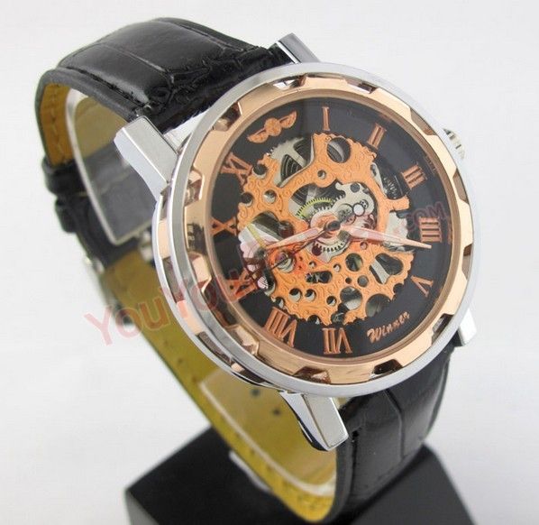 Nuevo famoso ganador de la marca de moda de lujo casual hombres de acero inoxidable reloj mecánico esqueleto reloj para hombres vestido de reloj de pulsera