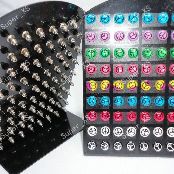 

72Pcs Hot Resin Mixed Antiwar Pattern Stainless Steel Stud Earring Set For Women Men Jewelry Whole Bulk LR063 Free Shipping, Golden;silver