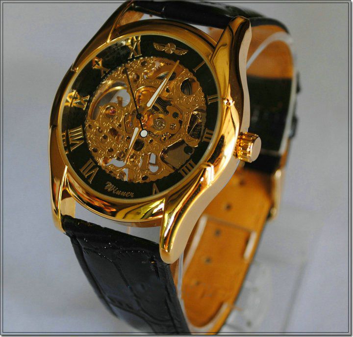 

Fashion Casual Mens gold Black Skeleton Hand Wind Mechanical Watch Brand Men's Manual Analog Dress Wristwatches, Slivery;brown