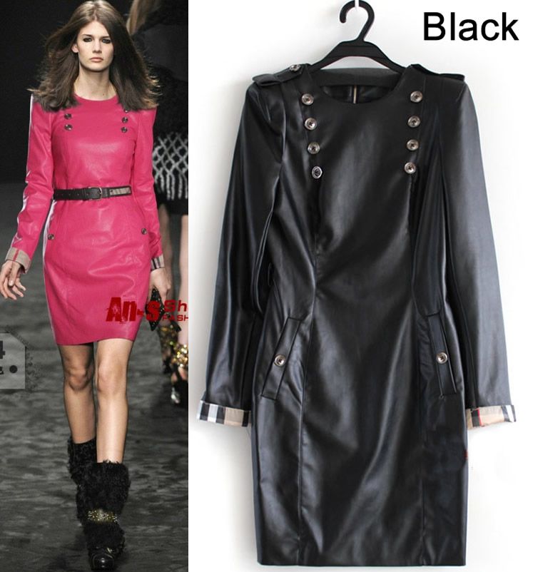 New Elegant Women PU Leather Dress Long Sleeve Double Breasted Ladies ...