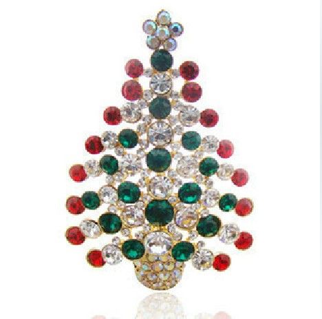 Gold Plated Multicolored Rhinestone Crystal Christmas Tree Pin Brooch