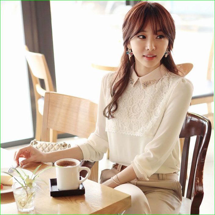 2018 2013 Korean Style Elegant Lace Women Blouse Long Sleeve Chiffon