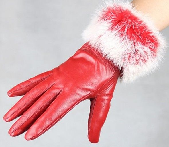 fashion Women rabbit fur fringed Genuine leather gloves skin gloves LEATHER GLOVES mixed color #3120