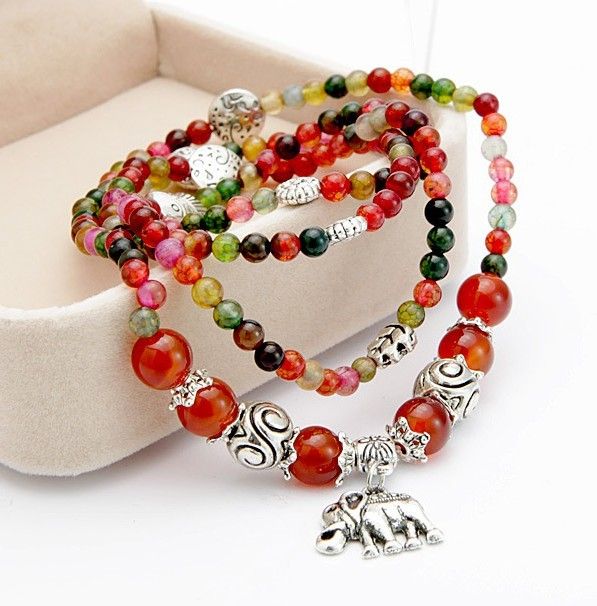Grenats naturels brins d'agate multicouche bébé éléphant pendentif mélanger les couleurs perles Bracelet perlé bijoux de mode en gros