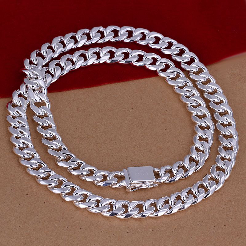 925 Silver Chain Necklace Jewelry Fashion 10MM 20inch Mens Curb Chain