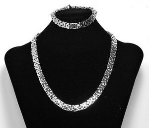 Fashion Men's 8mm 316L Stainless Steel Silver flat byzantine Chain Necklace & Bracelet Jewelry Set