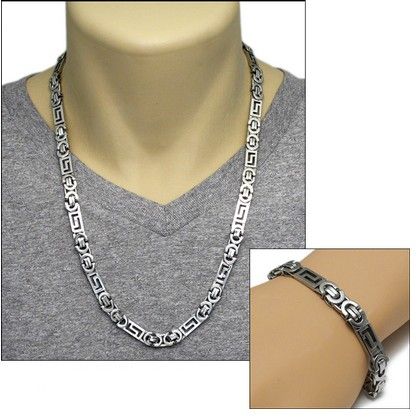 Ny stil 316L Rostfritt stål Silver Flat Byzantinskedjan Halsband Armband Smycken Set för Mäns Smycken