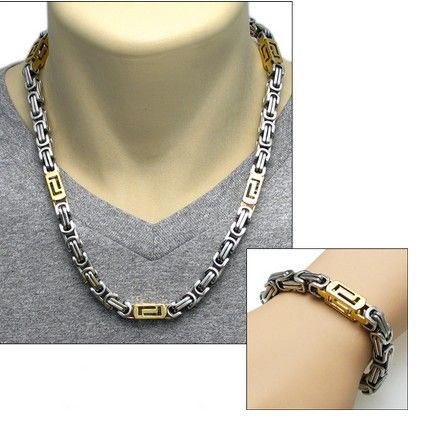 Free ship! 316L Stainless Steel Silver gold byzantine Chain Necklace & Bracelet Jewelry Set for Men's jewelry