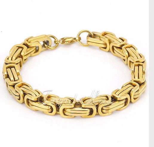 18K gold plated byzantine chain stainless steel bracelet for Men's cool jewelry Free ship.Good Quality 8mm*22cm