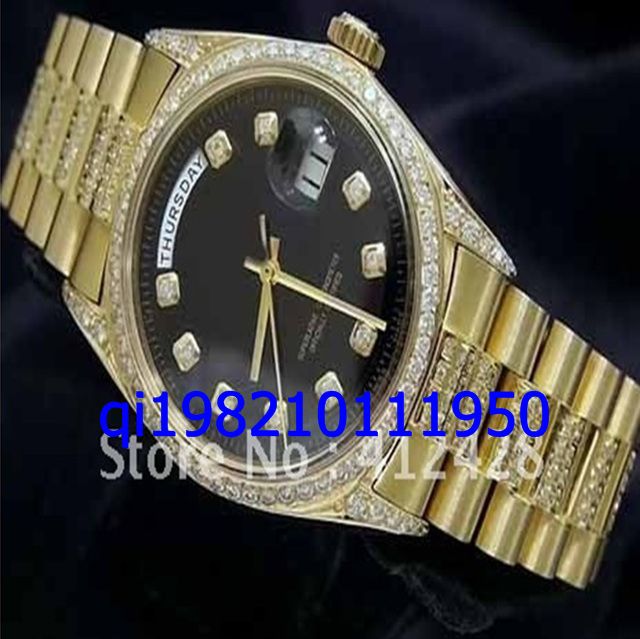 Wholesale-メンズ18Kイエローゴールド大統領ダイヤモンド1803サファイアガラスボックスファイル腕時計オリジナルボックスファイル