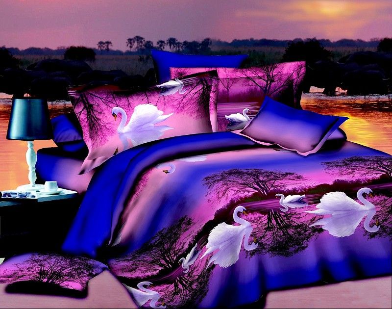 Home Textile Purple Blue Swan Lake Queen 3d Bedding Set Quilt