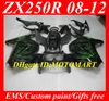 Injektionsform för Kawasaki Ninja ZX250R ZX 250R 2008 2012 Fairing Kit Ex250 ZX250 08 12 Green Flames Black Fairings Set + 7 Presenter KM72