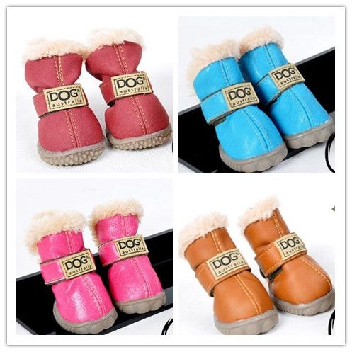 Free shipping PU leather pet dog puppy winter snow warm boot shoes mixed colors 10sets/lot