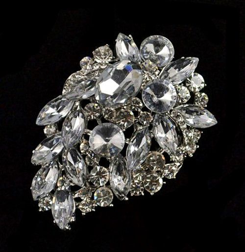 2.5 Inch Rhodium Silver Plated Clear Gemstone and Rhinestone Crystal Large Bridal Bouquet Accessory Pin Brooch