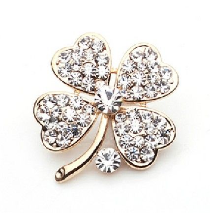 Vergulde Clear Rhinestone Crystal Clover Leaf Pin Broche