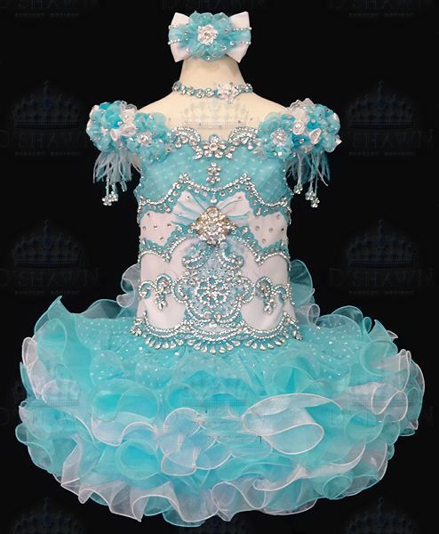 Livraison gratuite Nouvelle arrivée bleu Organza Au-dessus du genou / Mini robe de bal Robe à col en V Perles cristaux Short Girl 'Pageant Dresses Flower gril