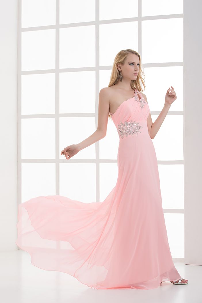 Sexig pärlor Oneshoulder Cocktail Dress Chiffon Aline Ruffle Beads Long Formal Laceup Gown Prom Dress8401559