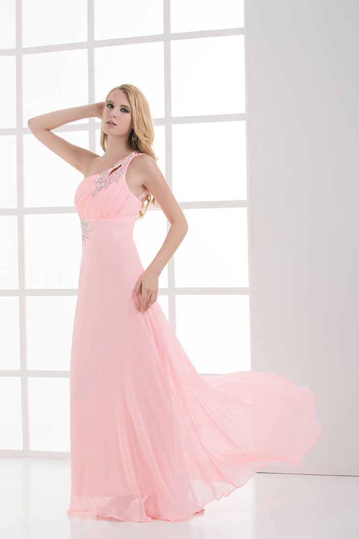 Sexig pärlor Oneshoulder Cocktail Dress Chiffon Aline Ruffle Beads Long Formal Laceup Gown Prom Dress8401559