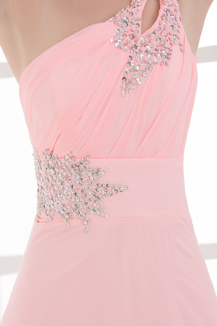 Sexy frisada de um ombro vestido de cocktail Chiffon A linha de plissado Beads Long Formal Lace-up vestido Prom Dress