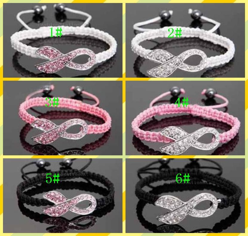 Hot Sales Mix Cor Branco Rosa de Cristal Rosa Ribbon Breast Cancer Awareness Pulseira de Presente