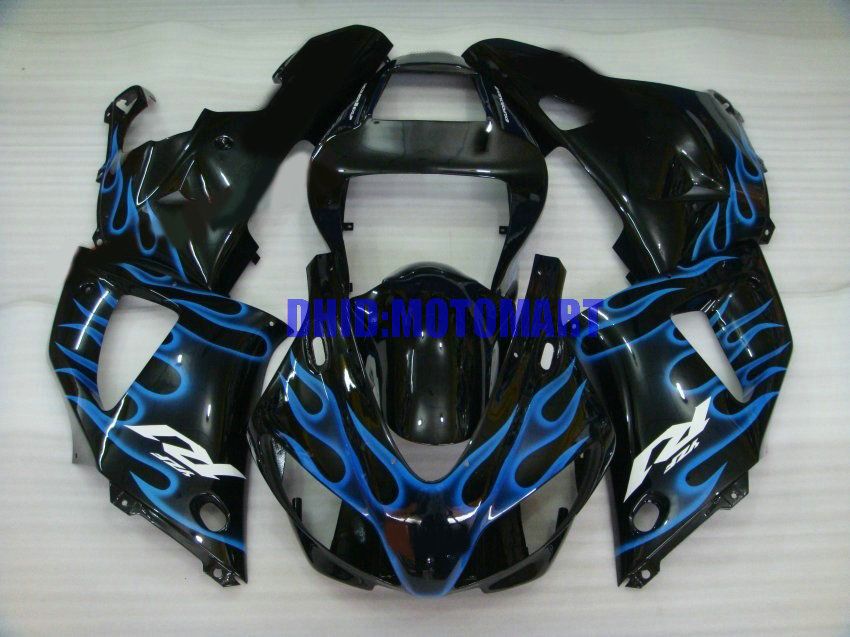 Motorcykel Fairing Kit för Yamaha YZFR1 98 99 YZF R1 1998 1999 YZF1000 ABS Blue Flames Black Fairings Set + Presenter Ya09