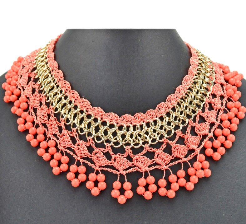 Nouveau style de la mode vert orange crème noir plaqué or Lien chaîne Weave dentelle fleur Perles Glands Collier ras du cou