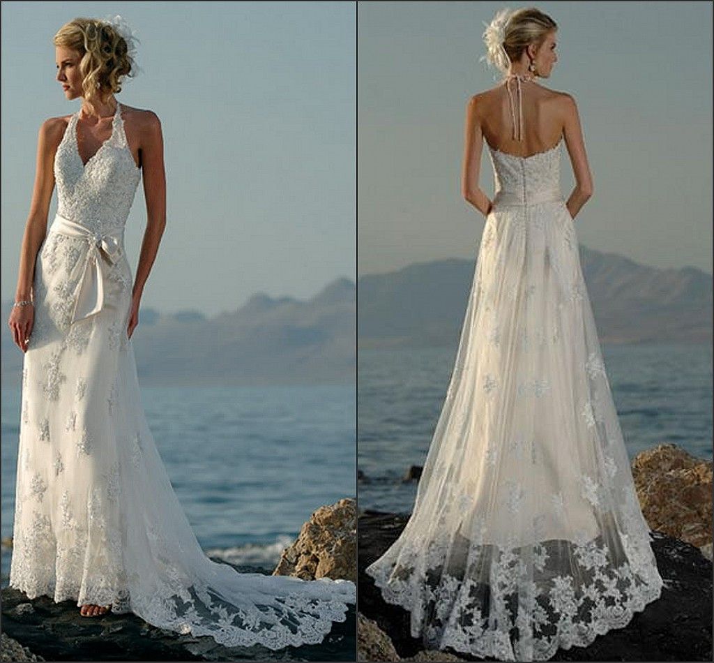 Discount2013 Sexy Beach Wedding Dresses Halter V Neck Lace