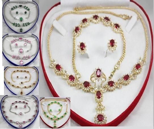 Romântico conjuntos de jóias de prata conjuntos de casamento branco liga de cristal vermelho colares brincos pulseira, anel define 8 cores livre escolher