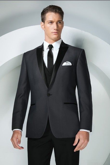 Smoking da sposo nuovo di zecca Grigio antracite Risvolto a punta Best man Groomsman Uomo Abiti da sposa Prom / Modulo / Sposo giacca + pantaloni + cravatta + gilet + fazzoletto J132