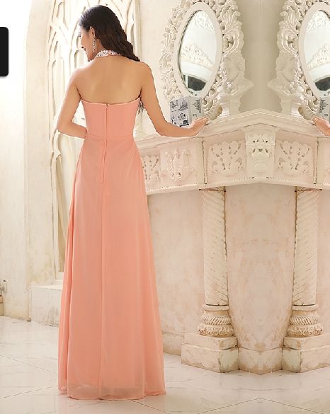 Rosa Chiffon- Haler Kleid Stock Länge A-Linie Friesen Kristalle Abend Prom Kleider Freies Verschiffen Neue Ankunft