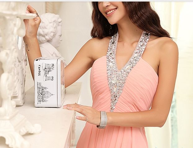 Roze chiffon haler jurk vloer lengte a-lijn kralen kristallen avond prom dresses gratis verzending nieuwe aankomst