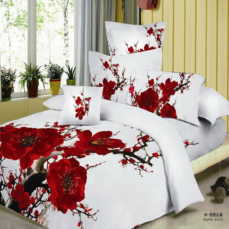 red plum blossom bedding set 3d bedsheets cotton king queen size queen sized bed sheets