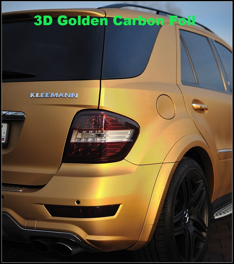 Guld 3D -kolfiber Vinyl Wrap Carbon Fire 3D Car Wrap Film med luftutsläpp för fordon / bord / båt / loptop hudstorlek 1.52x30m / rrull