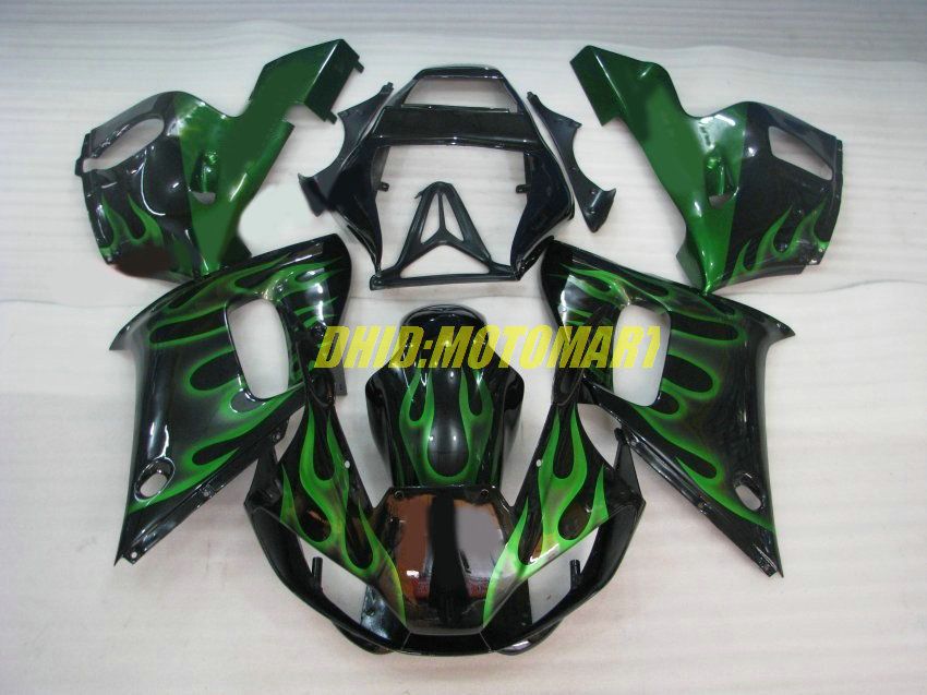 YAMAHA YZF R6 98 99 00 01 02 için kaporta kiti YZFR6 YZF600 1998 1999 2002 Yeşil alevler siyah Kaporta seti + 7 vites YF28