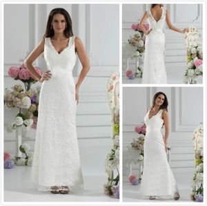 Nowoczesna długość kostki V Neck Appques Lace A-Line Wedding Sukienka Bridal Suknie Suknie 2013 Custom Made Sexy Designer White Ivory