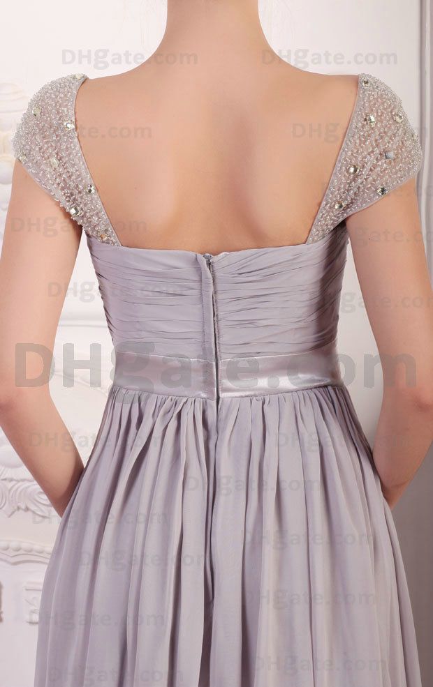 Long Cheap Chiffon Grey Bridesmaid Dress Custom made Beaded A-Line Floor Length Cap Sleeves