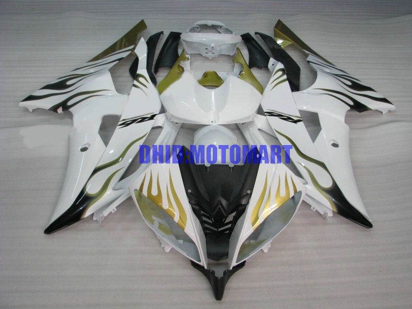 Motorcykel Fairing Kit för Yamaha YZFR6 08 10 12 15 YZF R6 2008 2010 2012 YZF600 Golden Flames White Fairings Set + Gifts YJ08