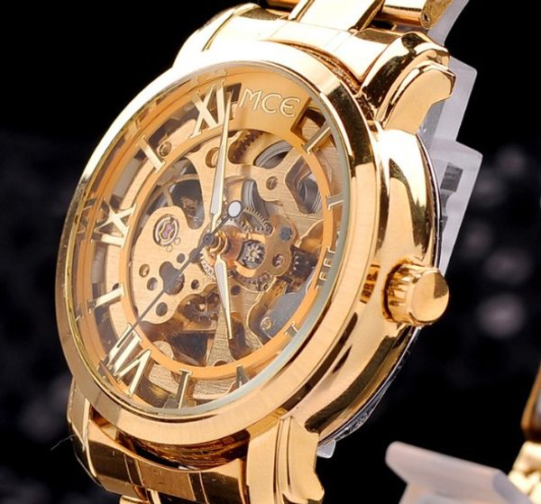 

Горячей!!! Марка MCE золотой ремешок золотой раме полый скелет часы мужские часы из