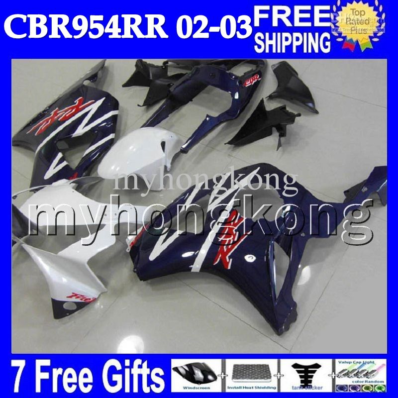 Bleu 7gifts Pour HONDA 02-03 CBR954RR 02 03 CBR900RR 954 954RR MH6750 Bleu foncé blanc CBR 900RR CBR954 RR 2002 2003 Carénage personnalisé gratuit