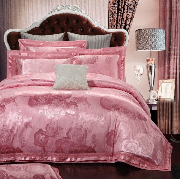 Luxury 2014 Pink Rose Flowers Satin Cotton Silk Jacquard Duvet Cover
