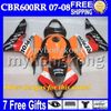 HONDA F5 07-08 CBR600RR Için 7 altın Virajlı Kırmızı 07 08 CBR 600 600RR MH7673 CBR600 RR CBR600F5 Beyaz F5 100% Enjeksiyon Kalıp 2007 2008 Fairing